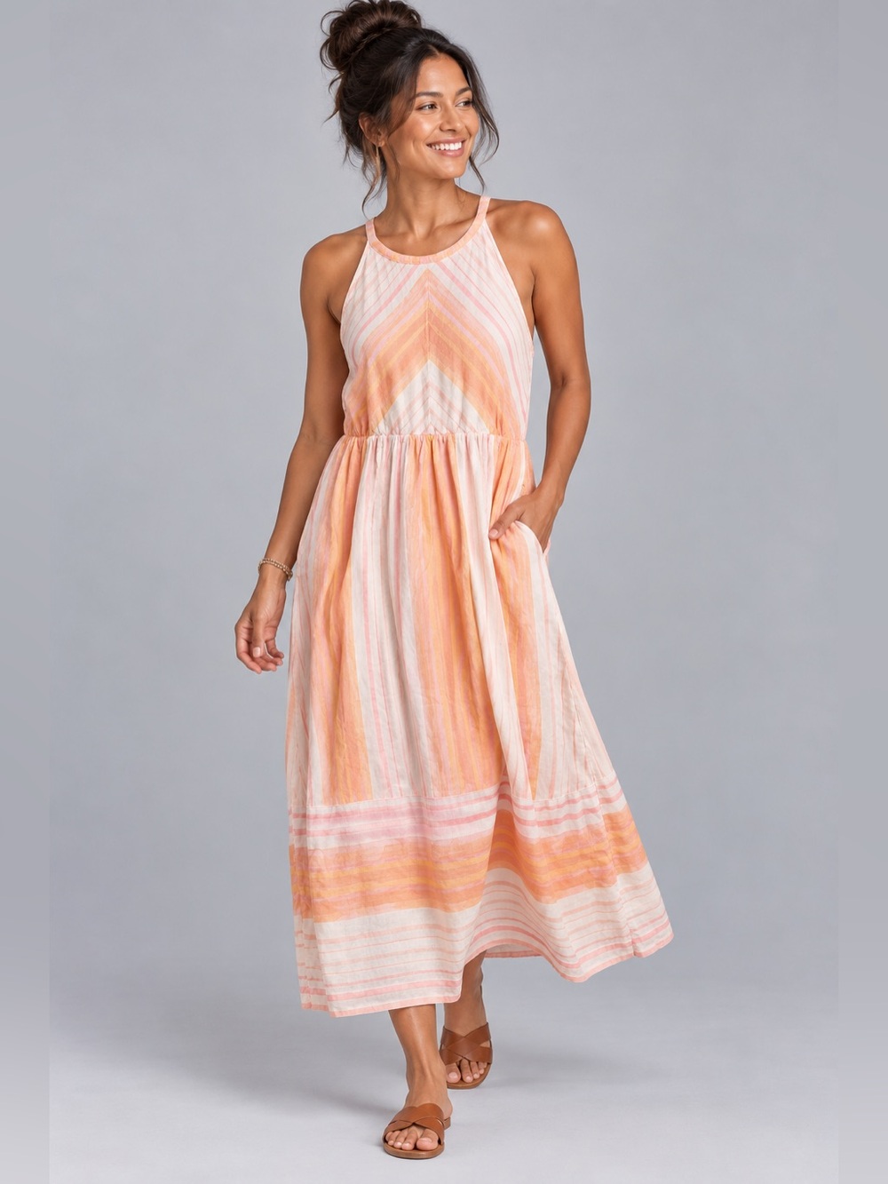 NWT Carve Designs Mabel Dress L Guava Sunrise Stripe Organic Cotton Midi